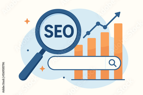 SEO optimization and digital marketing growth strategy concept with magnifying glass, search bar, analytics graph, upward trend, web traffic, online business success