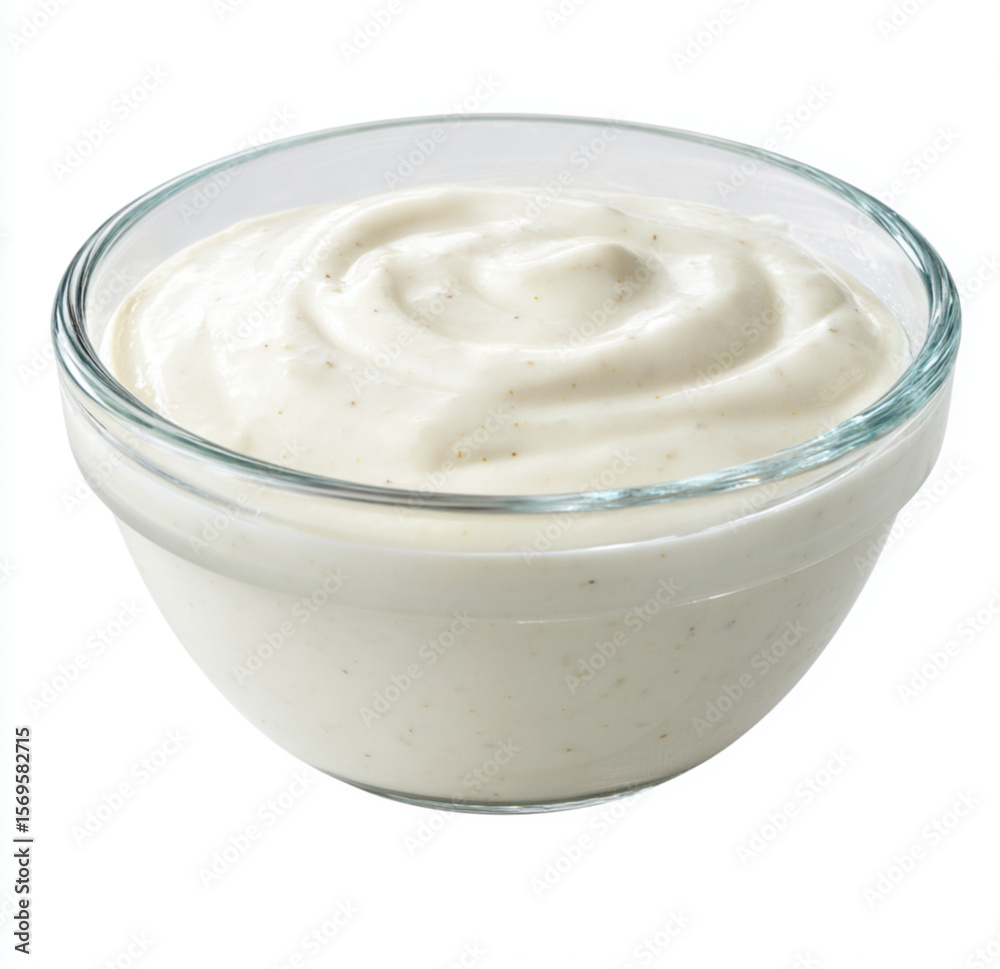 A glass bowl of creamy, white cream sauce with visible elements like black pepper or onion. The sauce is smooth and glossy against the transparent background, White background. A glass bowl of creamy, white cream sauce with visible elements like black pepper or onion. The sauce is smooth and glossy against the transparent background, White background.