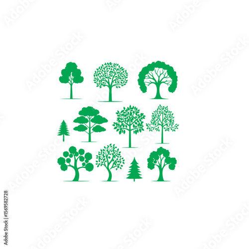A collection of various stylized green trees on a white background