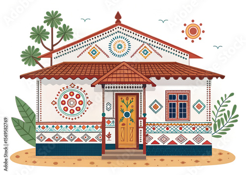 Tribal Odisha house with painted motifs in flat design generative ai