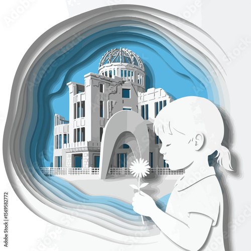 Paper Art Hiroshima Peace Memorial Dome and Child with Flower