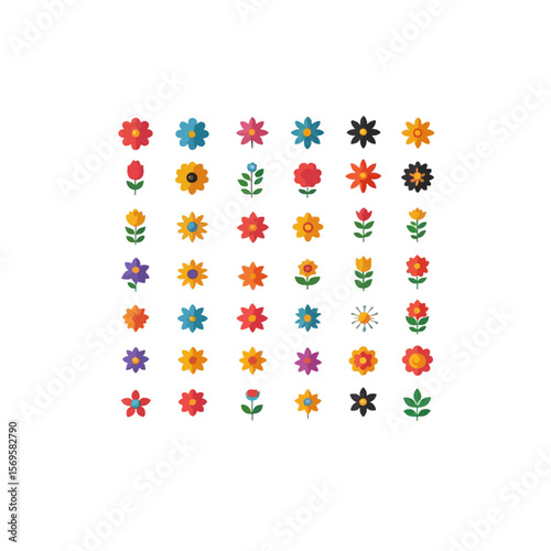 Assorted floral icons arranged in a grid pattern on white background