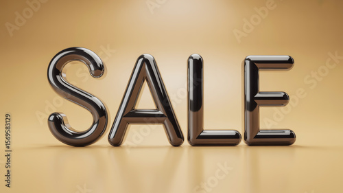 A 3D image of SALE in shiny chrome and black letters on a beige gradient background with sharp shadows and reflections