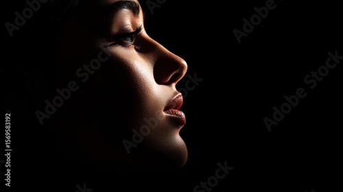Close-up portrait of a woman's face. the woman is facing away from the camera, with her head tilted slightly to the side.