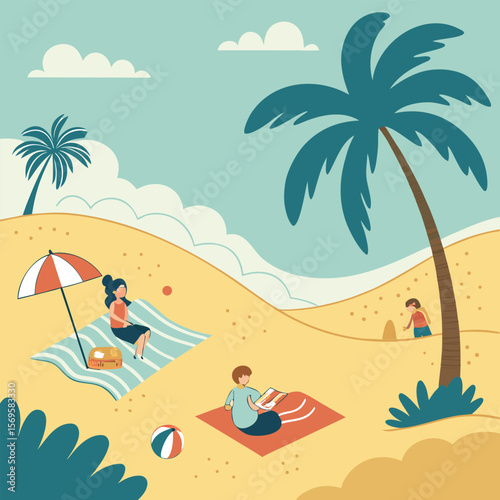 A vibrant vector illustration of a tropical summer beach scene with palm trees, a clear ocean, and a relaxing vacation sky