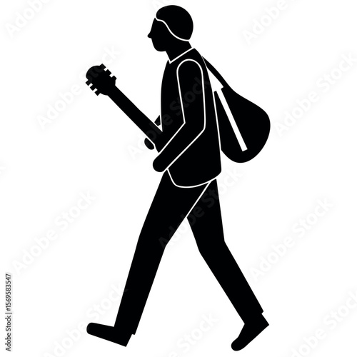 Musician walking with guitar and bag silhouette icon