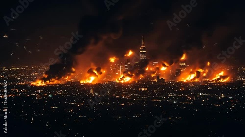 Burning City Skyline at Night with Intense Flames and Smoke