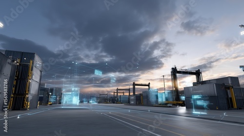 Futuristic Smart Port with Digital Network and Shipping Containers at Sunset