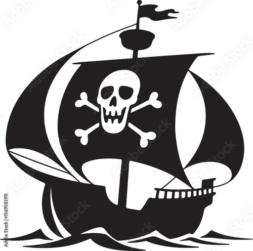 Black and White Silhouette of a Pirate Ship Sailing on the Ocean with a Jolly Roger Skull and Crossbones Flag 1
