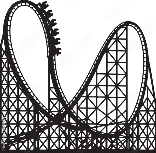 Black and White Silhouette Roller Coaster Illustration Featuring a Loop and Multiple Drops Thrilling Ride Design Graphic
