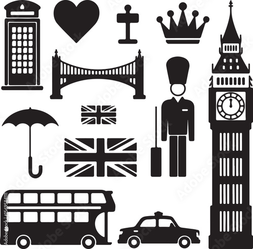 Black Silhouette Icons Collection of London Landmarks British Culture Symbols including Big Ben Tower Bridge Union Jack Flag Double Decker Bus