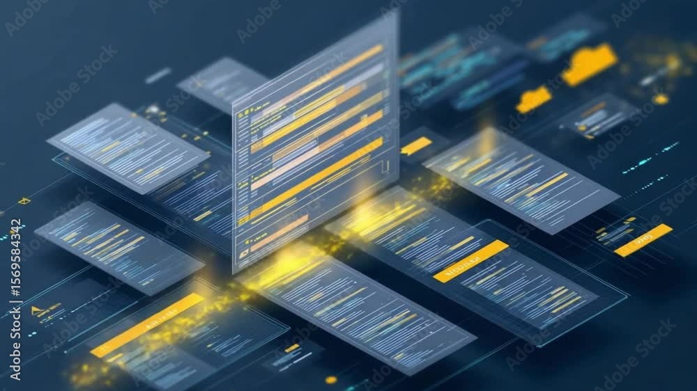 an abstract image showing the concept of AI analyzing documents A variety of digital documents and file types are being evaluated with data being extracted