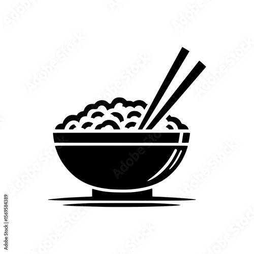 Simple black silhouette icon of a bowl of noodles with chopsticks on a white background