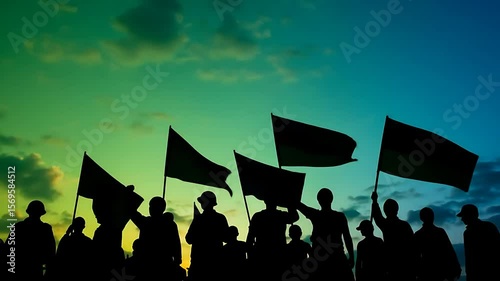 Group Marching Holding Flags Silhouetted Against Colorful Sky Movement