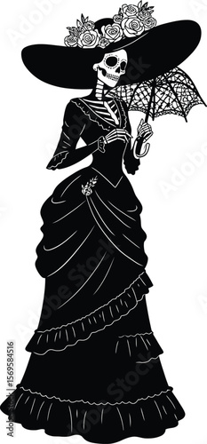 La Catrina Skeleton Lady in Elegant Dress with Umbrella – Day of the Dead Vector Illustration .