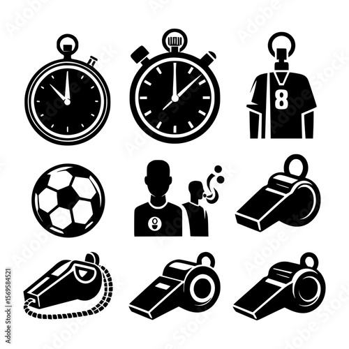 Collection of black and white soccer sport icons including stopwatches whistles and players