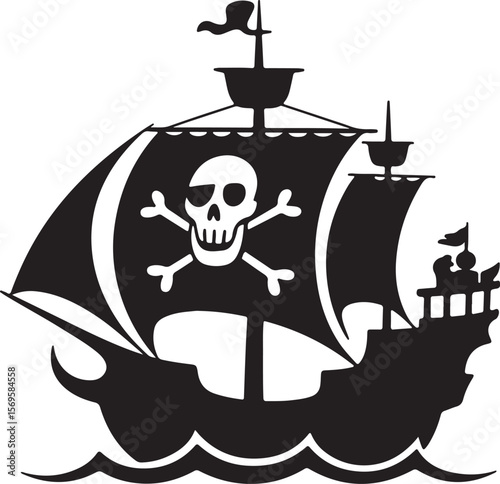 Black Silhouette Pirate Ship Sailing on White Water Jolly Roger Skull and Crossbones Flag on Sail Nautical Vessel Illustration