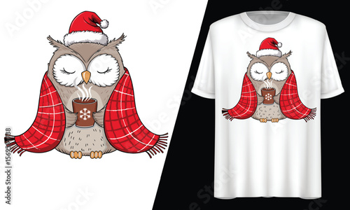Cozy Christmas Owl Santa Hat Hot Cocoa, T-Shirt Design.
