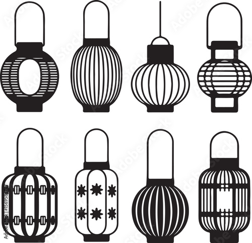 Eight Black Silhouette Lanterns Hanging Decorations Various Asian Style Designs Hanging Lamps Festive Celebration Decor Elements
