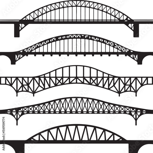 Five Black Silhouettes of Different Bridge Designs Arching Across a White Background Detailed Structural Illustrations of Steel Bridges Showing