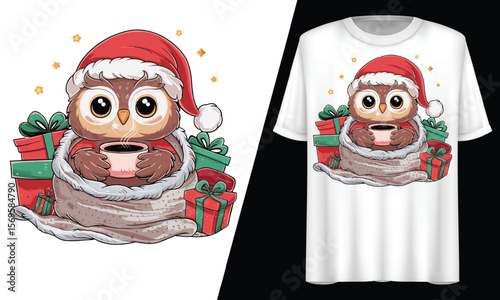 Christmas Cozy Owl Wearing Santa Hat, T-Shirt Design.