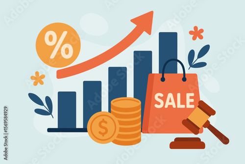 Inflation and interest rate concept. Monetary policy to control consumer spending. Economic growth chart, sale bag, tax percentage, and legal gavel vector illustration.