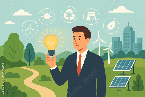 Businessman Holding Light Bulb in Eco City Landscape with Renewable Energy Icons, Solar Panels, Wind Turbines, Sustainable Development, Green Innovation, Ecology Concept