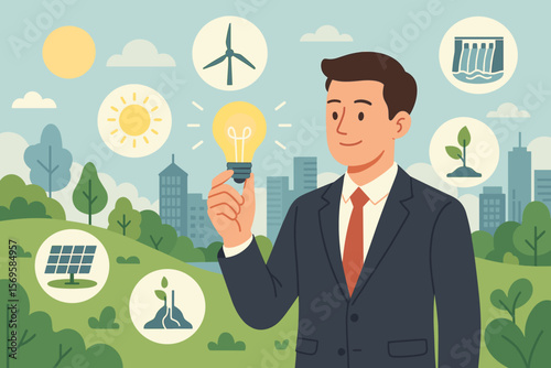 Businessman Holding Light Bulb with Renewable Energy Icons, Sustainable Development, Solar, Wind, Hydro Power, Clean Energy, Green City, Environmental Innovation Concept