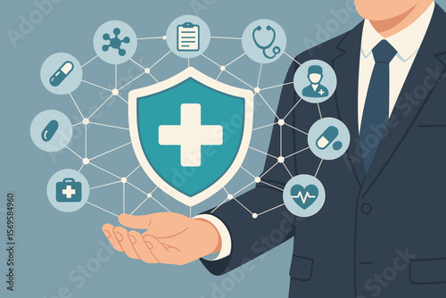 Health insurance concept. Businessman holding shield with medical icons. Digital healthcare service, protection and technology. Corporate wellness program. Flat vector illustration.