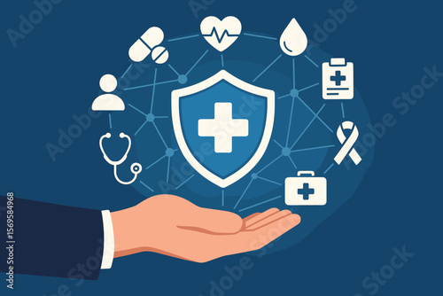 Businessman hand holding health insurance shield. Virtual medical healthcare icons network. Concept of protection, security, medicine, technology, patient support and wellness.