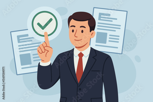 Businessman touching approved document icon on digital screen. Project proposal approval, contract verification, quality control and validation concept. Modern flat cartoon vector.