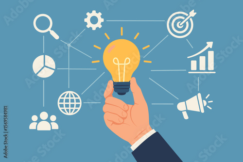 Businessman Hand Holding Creative Light Bulb with Marketing Network Icons, Planning Strategy, Analysis, Solution, Development, Innovation, Modern Business Concept
