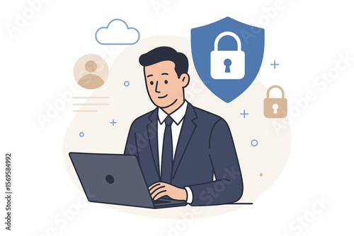 Cybersecurity concept with businessman at laptop protecting personal data. Internet security, privacy, antivirus, GDPR, and cloud safety with shield and lock. Flat vector.