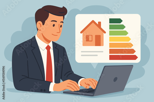 Businessman checks house energy efficiency rating on laptop. Expert reviews building performance certificate. Concept for eco friendly home audit, sustainability, green energy.