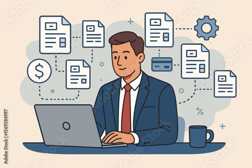 Businessman managing digital invoices on laptop. Concept of e-invoicing, billing automation, financial technology, online payment, accounting software, and ERP system.