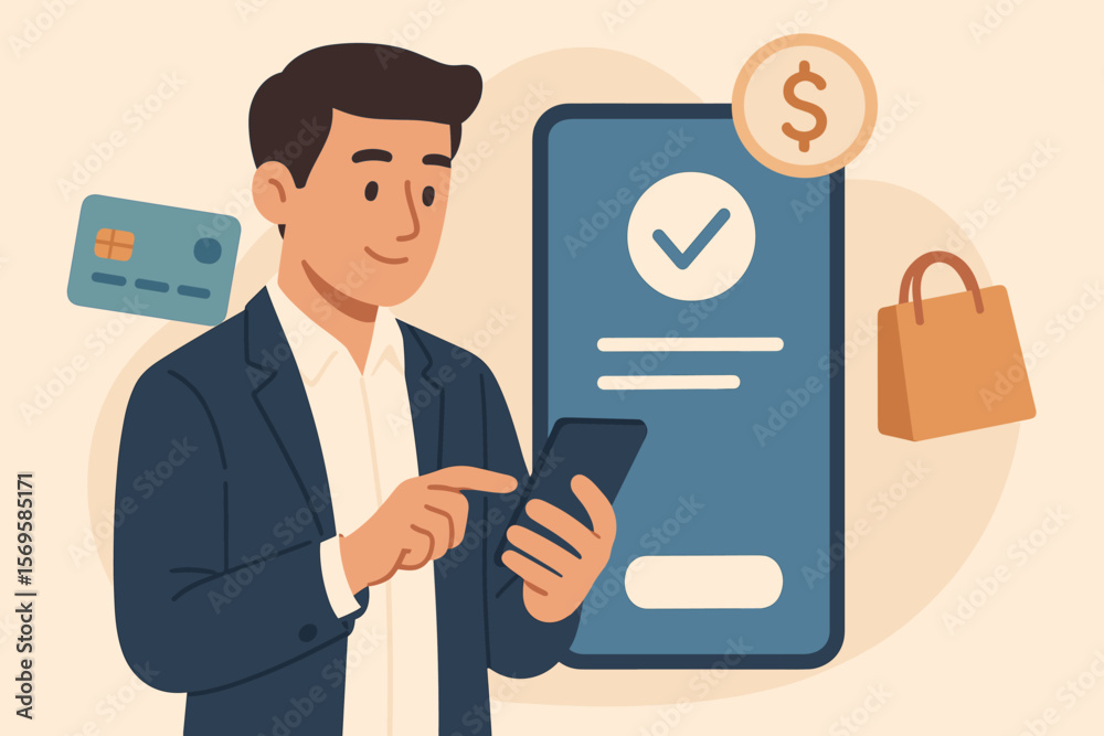 Digital online payment concept. Businessman using smartphone for mobile banking and online shopping. Secure financial transaction with credit card. E-commerce success illustration.