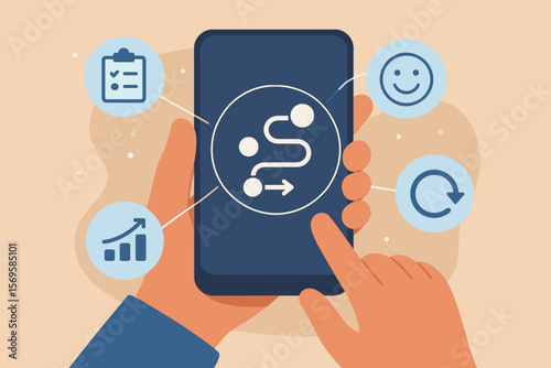 Customer journey concept with smartphone interaction, virtual screen icons for journey evaluation, satisfaction boost, repeat business encouragement, and growth strategy