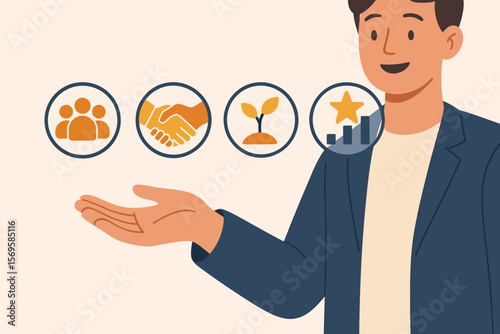 Core values and corporate culture concept with business person presenting icons of teamwork, trust handshake, growth sprout, and success star on virtual screen, modern flat design