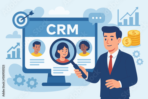 CRM customer relationship management strategy. Businessman with magnifying glass analyzes data. Customer acquisition for business growth. Lead generation and targeting audience concept.