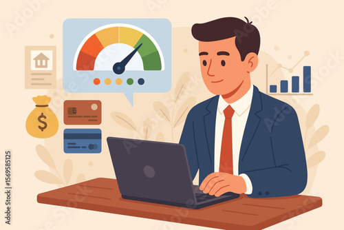 Credit score concept. Businessman checking online report on laptop. Good rating meter for personal finance, loan, mortgage, and credit card. Financial health vector illustration.