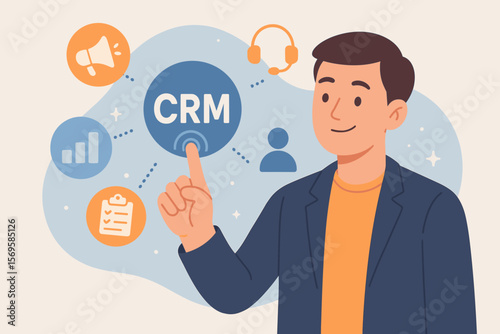 CRM. Customer Relationship Management system. Sales, marketing, and support automation software. Person using virtual screen. Business technology concept. Data analysis platform.
