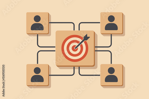 Customer relationship management concept. Wooden blocks with target icon linked to human icons for customer focus group, audience segmentation. Business marketing strategy goal.