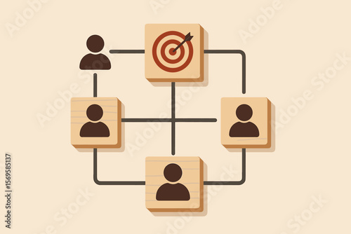 Customer relationship management CRM concept. Wooden blocks diagram with target icon linked to people icons for customer focus group. Business strategy and marketing plan.