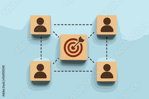 Customer relationship management CRM concept with wooden blocks. Target icon linked to human icons for customer focus group, audience segmentation and marketing strategy goal.