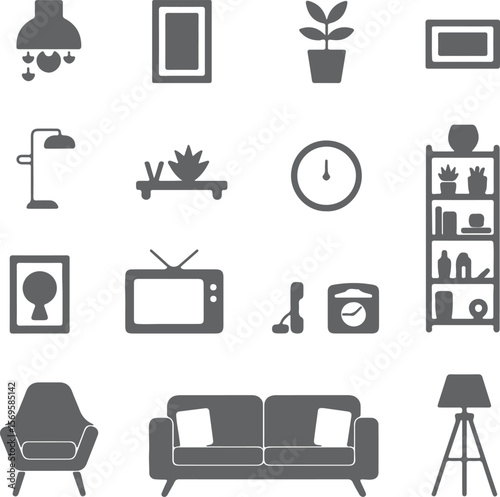 Gray Silhouette Icons Set Home Living Room Furniture Decor Plants Clock Sofa Armchair Lamps Shelves Pictures Television