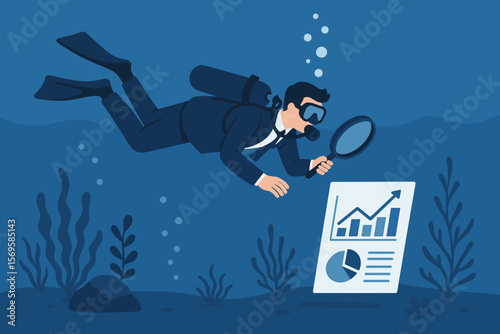 Deep dive analysis metaphor with businessman scuba diving underwater. Research and strategy to explore market data, find problems, and achieve growth. Optimization concept.