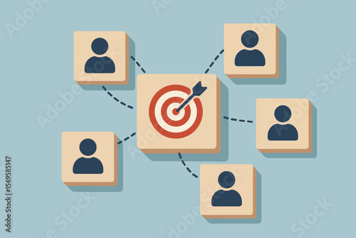 Customer relationship management CRM concept. Wooden blocks show target icon linked to human icons. Customer focus group, target audience, marketing strategy, client retention.