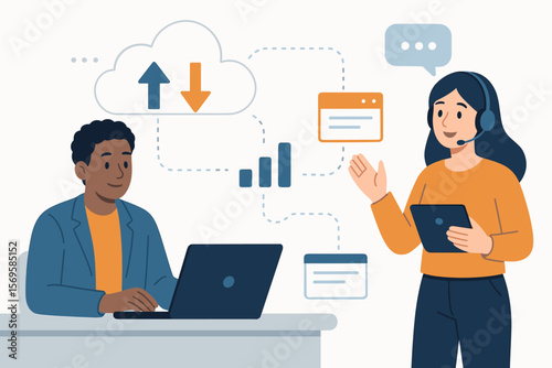 IT helpdesk operator with headset providing technical support to a user. Cloud computing services for data transfer and analysis. SaaS business solutions vector concept.