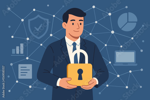 Cyber security and data protection concept. Businessman holding padlock. Protecting business, financial data, corporate information with secure virtual network technology.