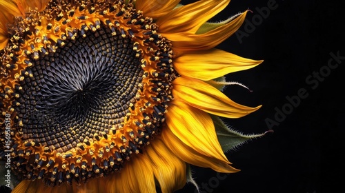 Close-up of a sunflower with a black background. the sunflower is in full bloom, with its bright yellow petals radiating outwards from the center.